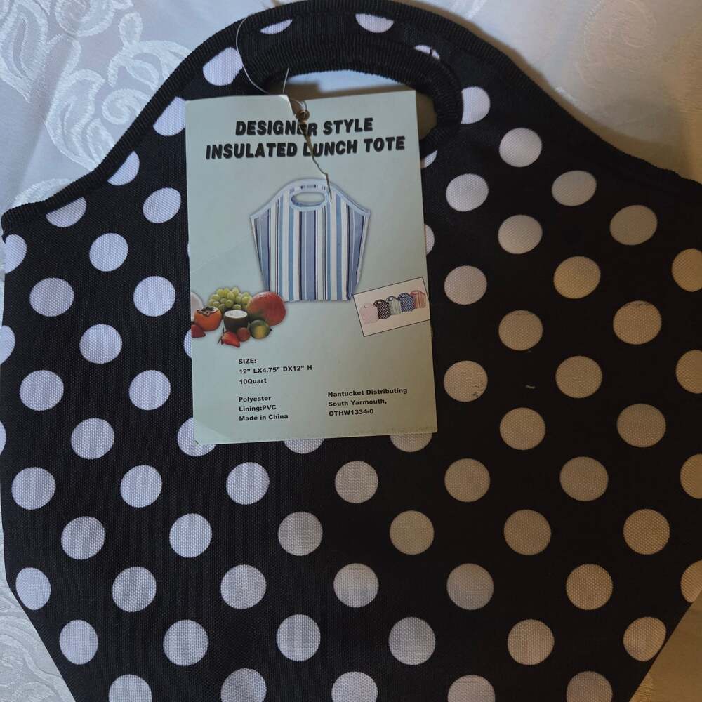 Nantucket Distributing Designer Style Insulated Lunch Tote Black White Polka Dot